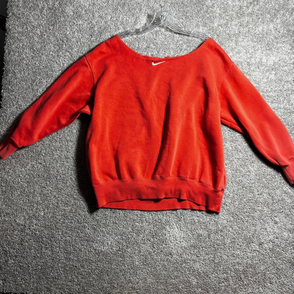 Nike Womens Off the Shoulder Sweatshirt Orange DQ5733-814 Size L Swoosh Logo
